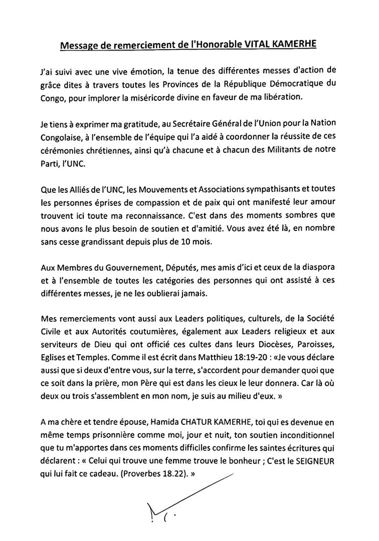 Procès 100 jours: Vital Kamerhe avec son message de retrouvailles 1 Procès 100 jours: Vital Kamerhe avec son message de retrouvailles 1