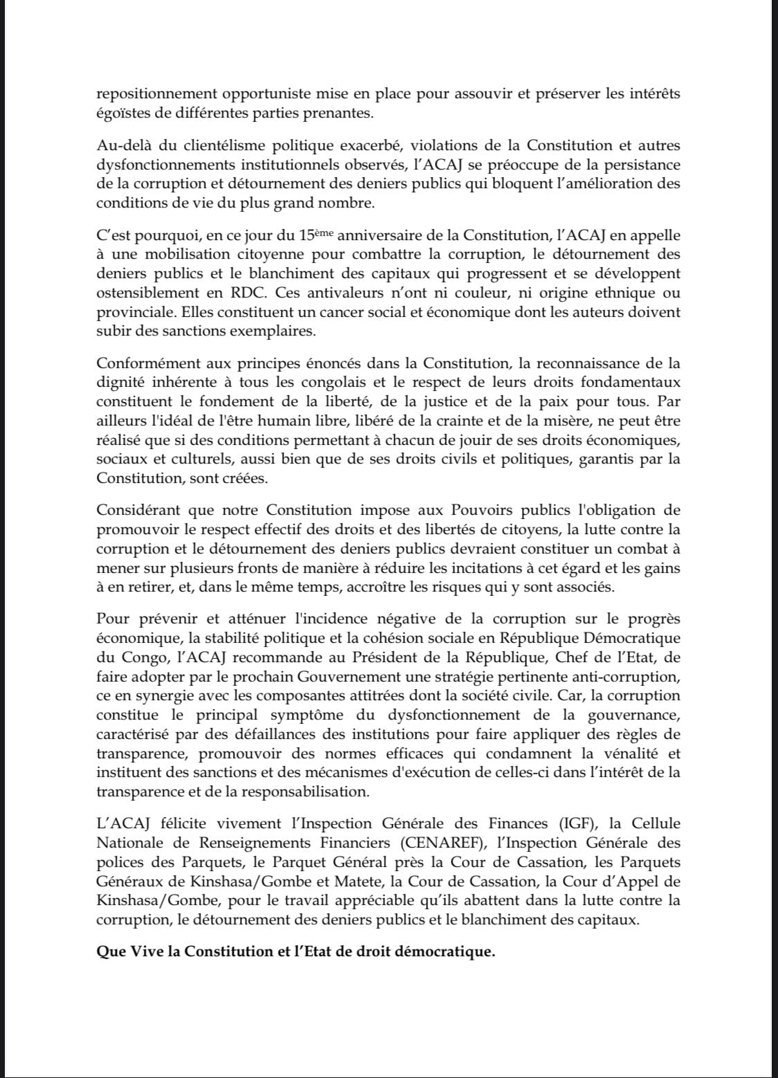 ACAJ : depuis sa promulgation le 18 février 2006, la Constitution de la RDC réalise 15 ans déjà 2 ACAJ : depuis sa promulgation le 18 février 2006, la Constitution de la RDC réalise 15 ans déjà 2