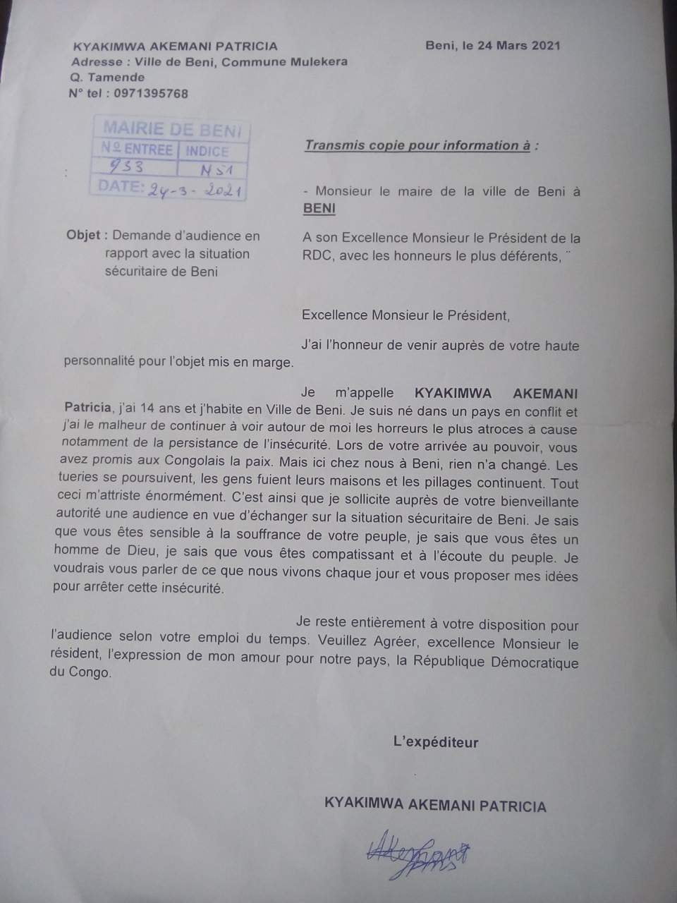 Beni - ADF : une jeune fille de 14 ans sollicite une audience au chef de l'Etat, voici le contenu de sa lettre 1 Beni - ADF : une jeune fille de 14 ans sollicite une audience au chef de l'Etat, voici le contenu de sa lettre 1