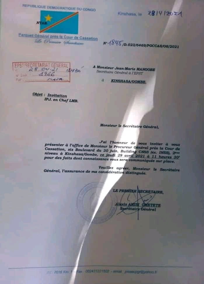 RDC : Le secrétaire général de l'EPST Jean-Marie Mangobe convoqué devant la justice !! 1 RDC : Le secrétaire général de l'EPST Jean-Marie Mangobe convoqué devant la justice !! 1