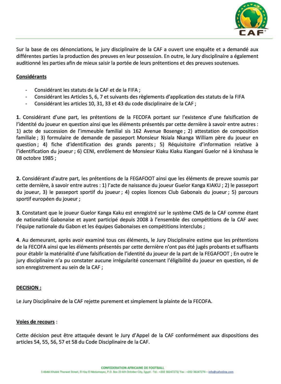 Kanga Gate : La CAF a décidé, le Gabon maintient sa qualification, la RDC voit sa plainte rejetée 2