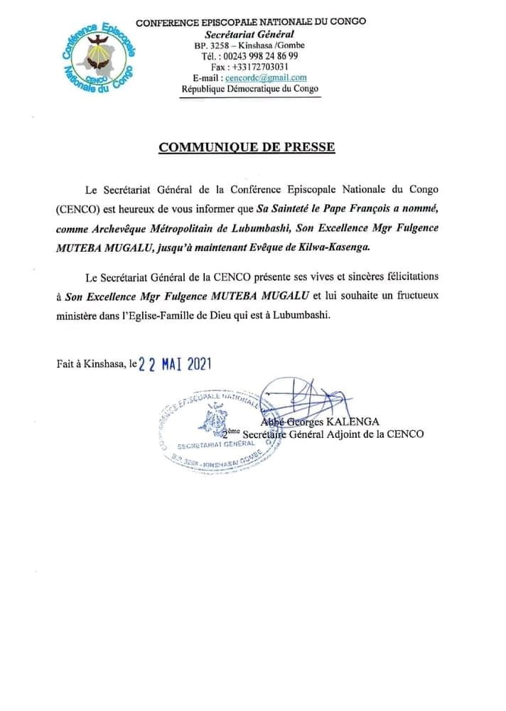 RDC : Mgr Fulgence Muteba Mugalu nommé archevêque métropolitain de Lubumbashi 1