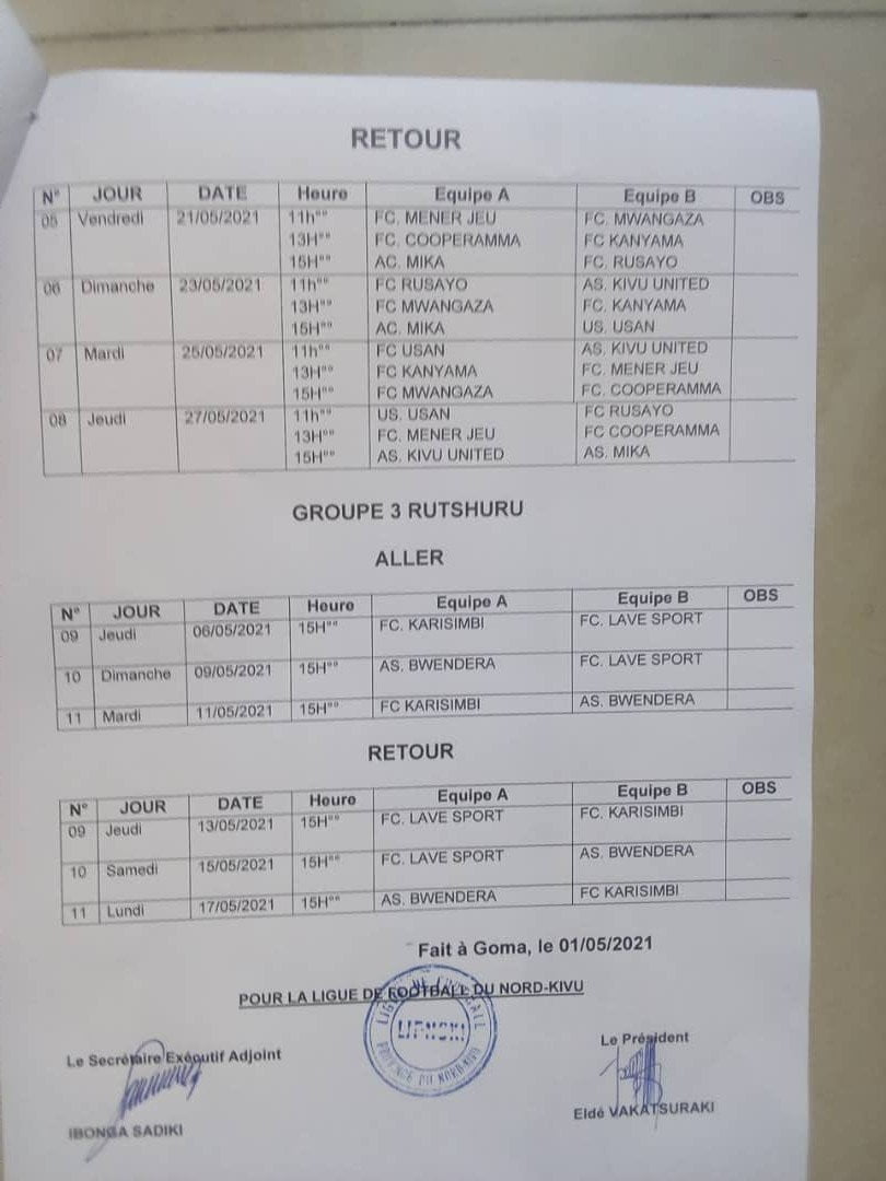 Préliminaires du championnat provincial du Nord Kivu : les équipes du petit nord sont fixées quant au programme 2 Préliminaires du championnat provincial du Nord Kivu : les équipes du petit nord sont fixées quant au programme 2
