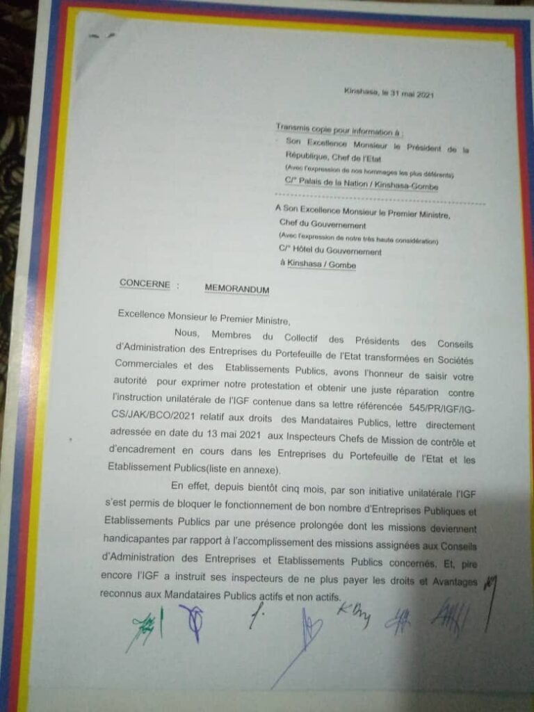 RDC : Les mandataires publics dénoncent l'omniprésence de l'IGF dans la gestion des entreprises de l'État 2 RDC : Les mandataires publics dénoncent l'omniprésence de l'IGF dans la gestion des entreprises de l'État 2