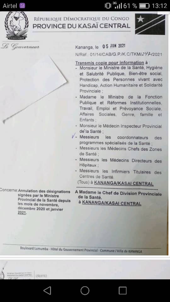 Kasaï-central : Le gouverneur Tharcisse Kabatusuila annule les affectations illégales opérées dans le secteur de la santé 1 Kasaï-central : Le gouverneur Tharcisse Kabatusuila annule les affectations illégales opérées dans le secteur de la santé 1