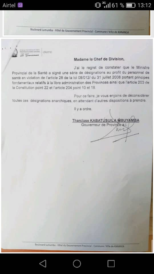 Kasaï-central : Le gouverneur Tharcisse Kabatusuila annule les affectations illégales opérées dans le secteur de la santé 2 Kasaï-central : Le gouverneur Tharcisse Kabatusuila annule les affectations illégales opérées dans le secteur de la santé 2