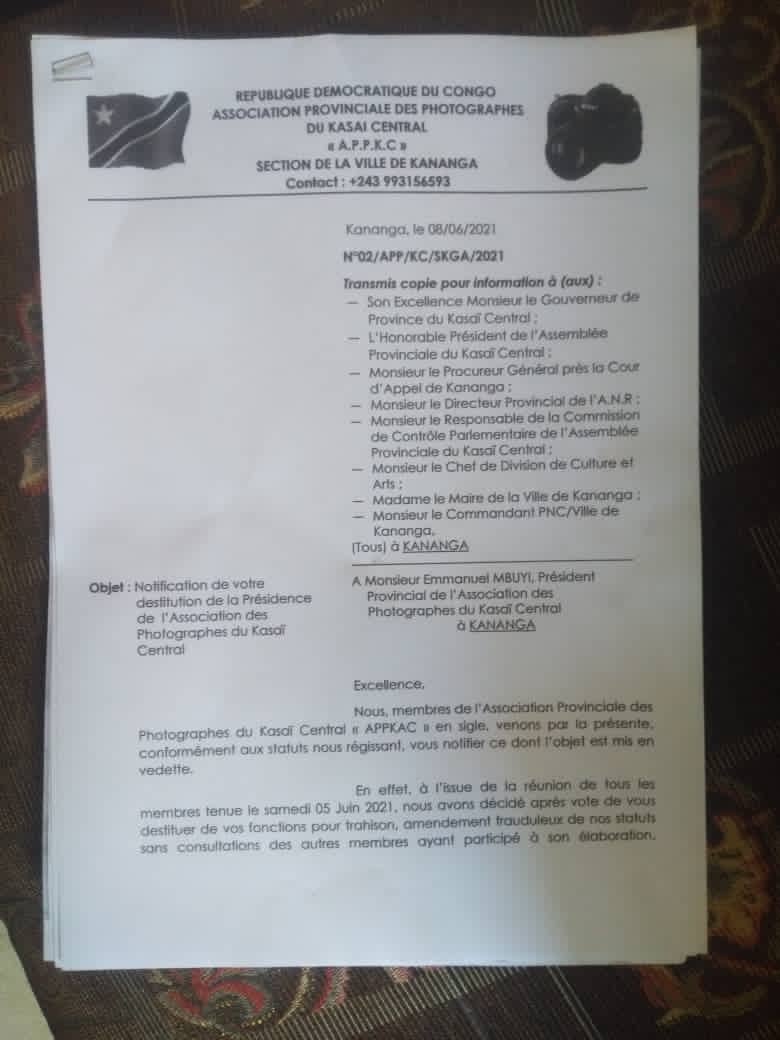 Kasaï-central : Destitution du président de l'association des photographes 1
