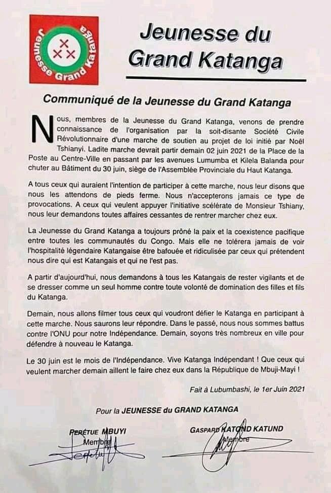 RDC : La jeunesse Katangaise contre la manifestation de soutien à la loi de Noël Tshiani ! 1 RDC : La jeunesse Katangaise contre la manifestation de soutien à la loi de Noël Tshiani ! 1