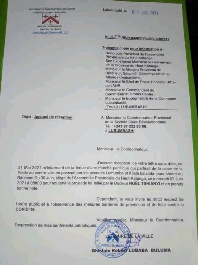 RDC : Le maire de la ville de Lubumbashi vient d'annuler la marche organisée pour soutenir la loi de Noël Tshiani 1