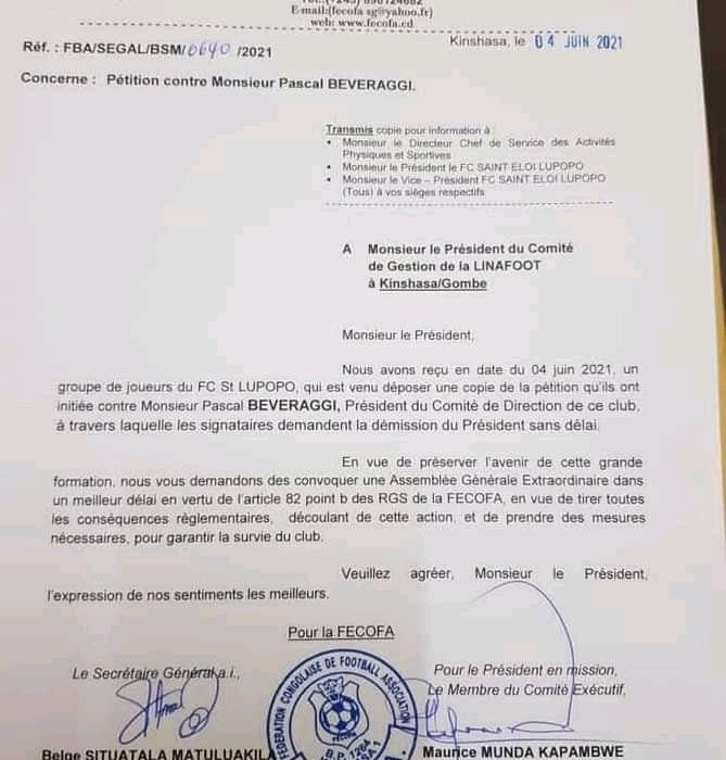 Fecofa : Les joueurs de Lupopo ont déposer une pétition contre Mr Pascal Beverragi 1 Fecofa : Les joueurs de Lupopo ont déposer une pétition contre Mr Pascal Beverragi 1