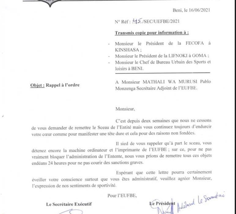 Beni-EUFBE : Mathali Wa Murusi Pablo Manzenga refuse de remettre le sceau de l'entité 1