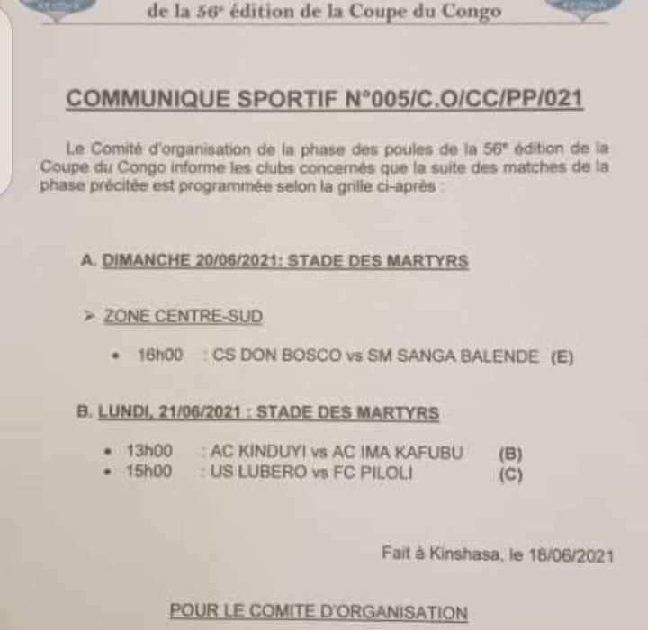 56è coupe du Congo : Voici le programme pour la suite de la compétition 1 56è coupe du Congo : Voici le programme pour la suite de la compétition 1