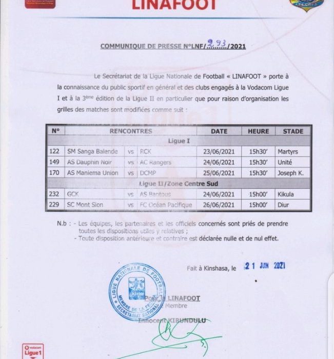 Vodacom ligue 1 : Voici la nouvelle programmation des rencontres 1 Vodacom ligue 1 : Voici la nouvelle programmation des rencontres 1