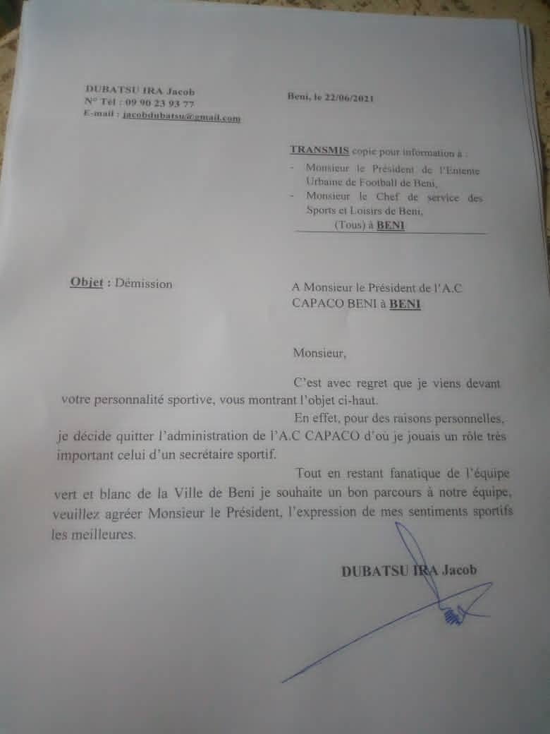Beni - football : Suspendu par l'AC Capaco, Dubachu Ira Jacob contre attaque en annonçant sa démission 3 Beni - football : Suspendu par l'AC Capaco, Dubachu Ira Jacob contre attaque en annonçant sa démission 3