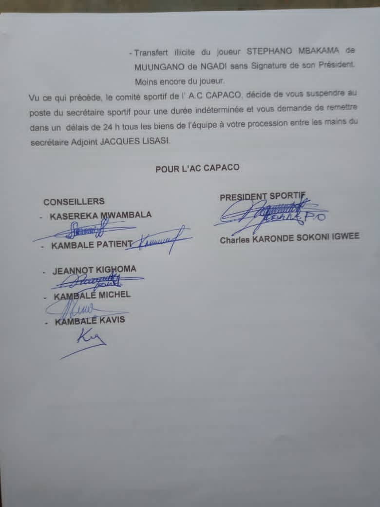 Beni - football : Suspendu par l'AC Capaco, Dubachu Ira Jacob contre attaque en annonçant sa démission 4 Beni - football : Suspendu par l'AC Capaco, Dubachu Ira Jacob contre attaque en annonçant sa démission 4