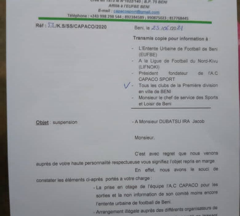 Beni - football : Suspendu par l'AC Capaco, Dubachu Ira Jacob contre attaque en annonçant sa démission 2 Beni - football : Suspendu par l'AC Capaco, Dubachu Ira Jacob contre attaque en annonçant sa démission 2