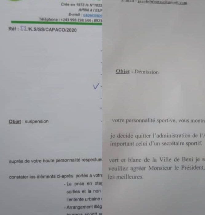 Beni - football : Suspendu par l'AC Capaco, Dubachu Ira Jacob contre attaque en annonçant sa démission 1 Beni - football : Suspendu par l'AC Capaco, Dubachu Ira Jacob contre attaque en annonçant sa démission 1