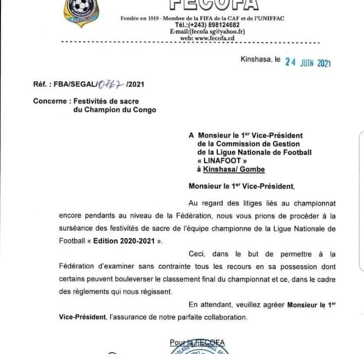 Vodacom ligue 1 : La FECOFA sursoit toute célébration du sacre 1 Vodacom ligue 1 : La FECOFA sursoit toute célébration du sacre 1