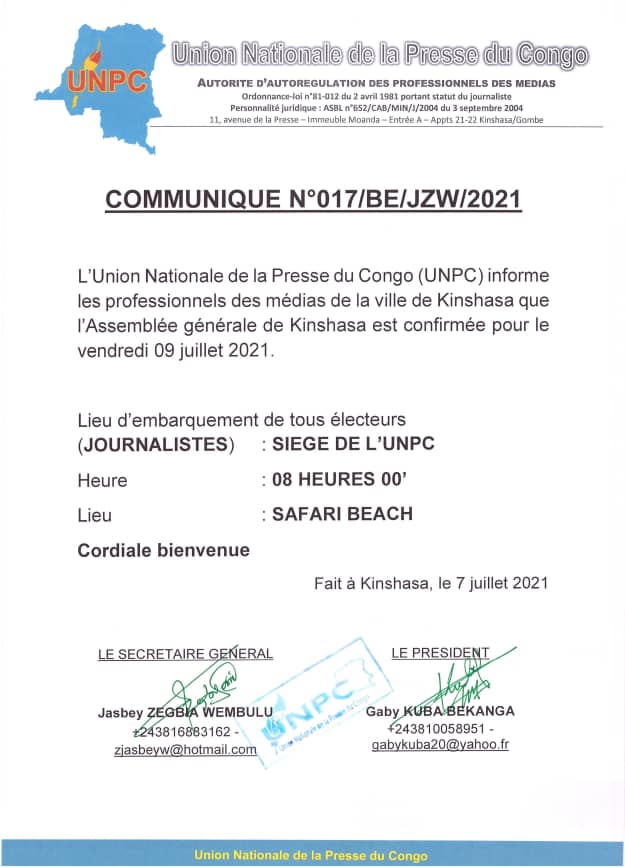 UNPC-Kinshasa : L'Assemblée générale fixée ce vendredi 9 juillet 2021 1 UNPC-Kinshasa : L'Assemblée générale fixée ce vendredi 9 juillet 2021 1
