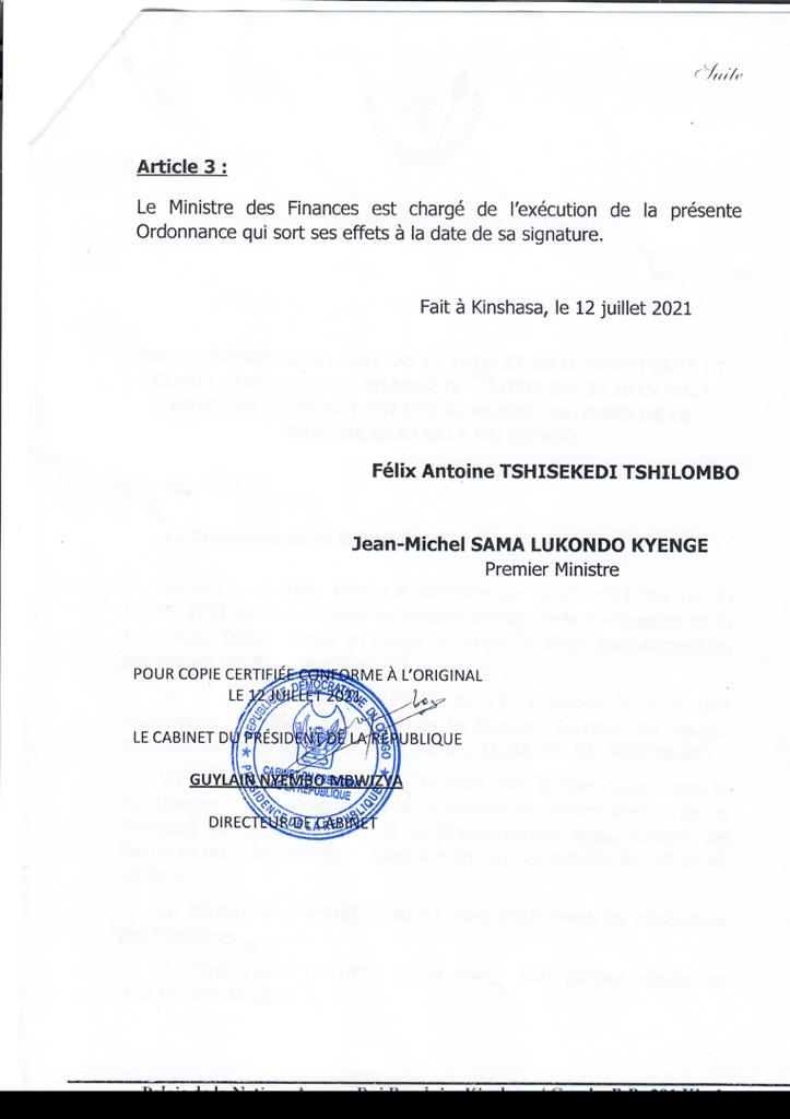 Flash info : Felix Tshisekedi nomme quelques administrateurs de la banque centrale du Congo 3 Flash info : Felix Tshisekedi nomme quelques administrateurs de la banque centrale du Congo 3