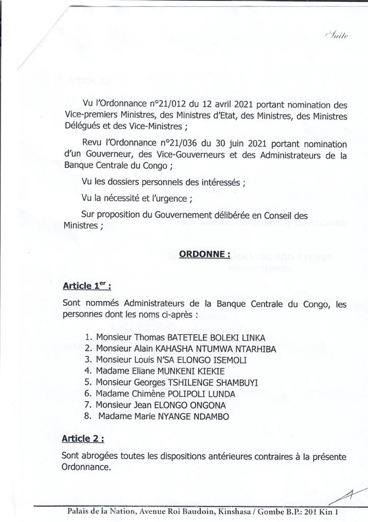 Flash info : Felix Tshisekedi nomme quelques administrateurs de la banque centrale du Congo 2 Flash info : Felix Tshisekedi nomme quelques administrateurs de la banque centrale du Congo 2