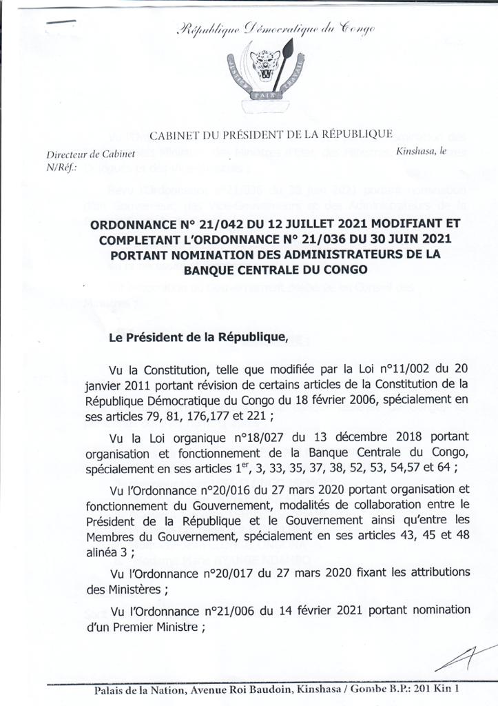 Flash info : Felix Tshisekedi nomme quelques administrateurs de la banque centrale du Congo 1 Flash info : Felix Tshisekedi nomme quelques administrateurs de la banque centrale du Congo 1