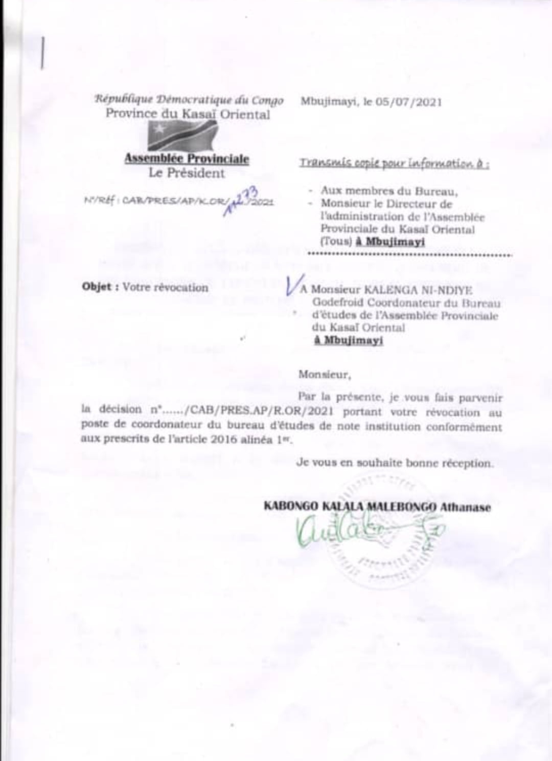 Kasaï-oriental : le nouveau président de l'Assemblée provinciale suspend le coordonnateur du bureau d'études 3