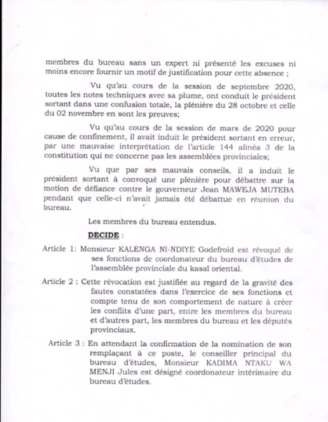 Kasaï-oriental : le nouveau président de l'Assemblée provinciale suspend le coordonnateur du bureau d'études 2