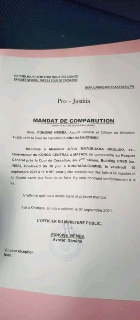 KongoCentral : Le gouverneur déplumé Atou Matubuana invité à comparaître 1