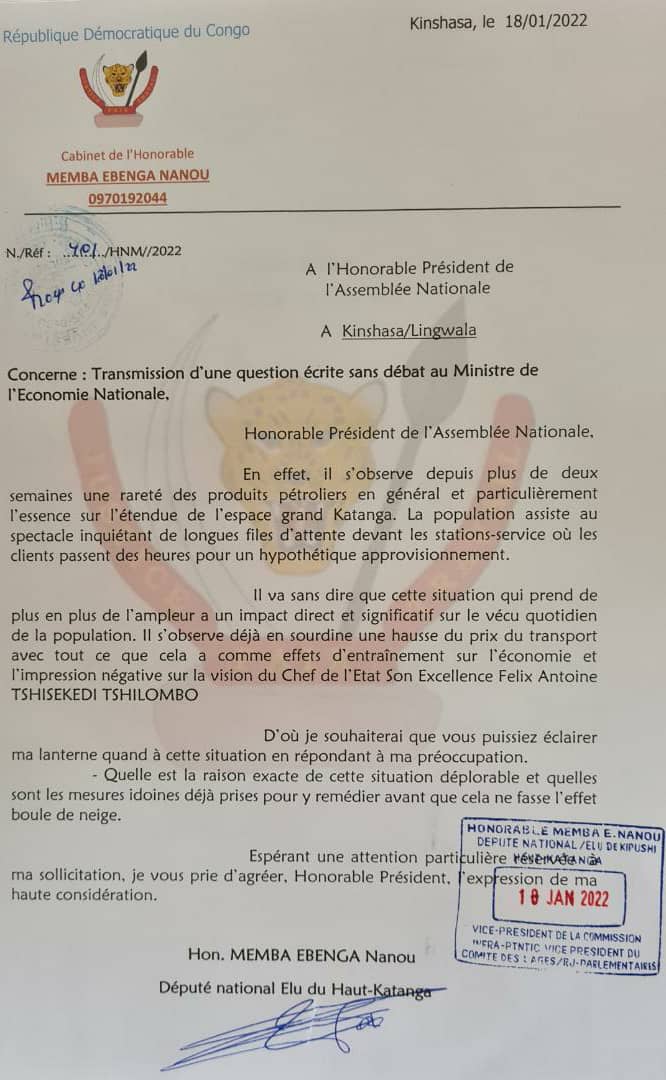 Flash : Enfin un député national interpelle le ministre de l'économie sur la rareté des produits pétroliers au grand Katanga ! 1 Flash : Enfin un député national interpelle le ministre de l'économie sur la rareté des produits pétroliers au grand Katanga ! 1