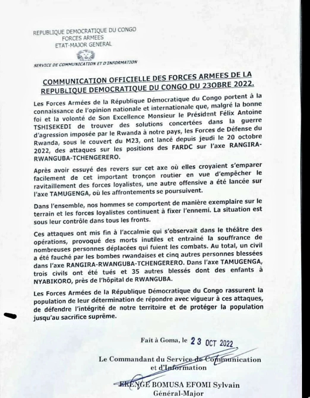Les FARDC poursuivent le combat contre les M23 (communiqué) ! 2 Les FARDC poursuivent le combat contre les M23 (communiqué) ! 2