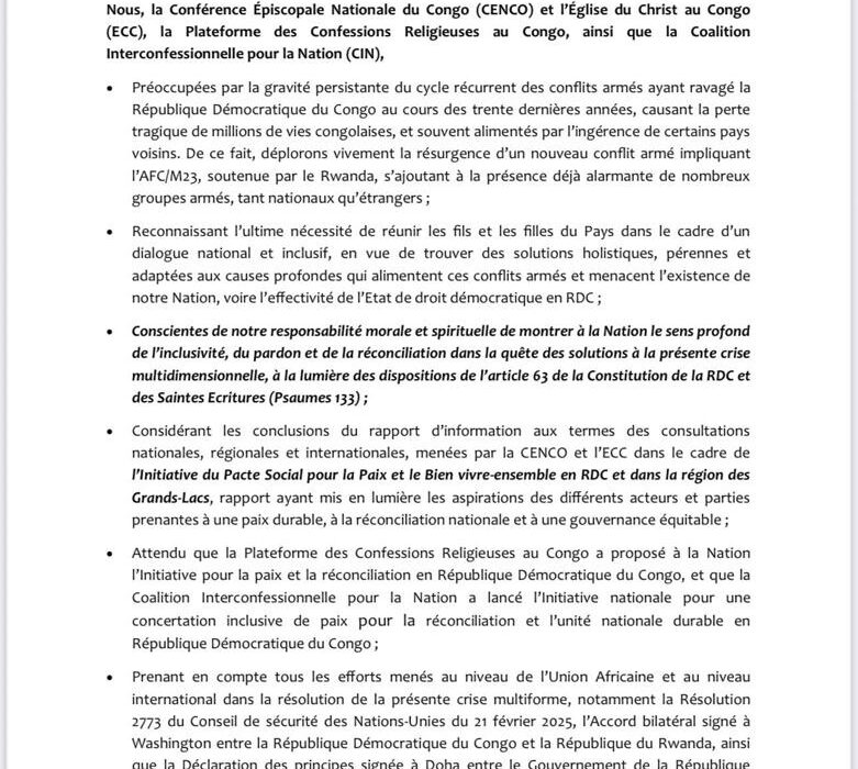 RDC : Les confessions religieuses unies face à la crise sécuritaire et en faveur du dialogue national 2 RDC : Les confessions religieuses unies face à la crise sécuritaire et en faveur du dialogue national 2