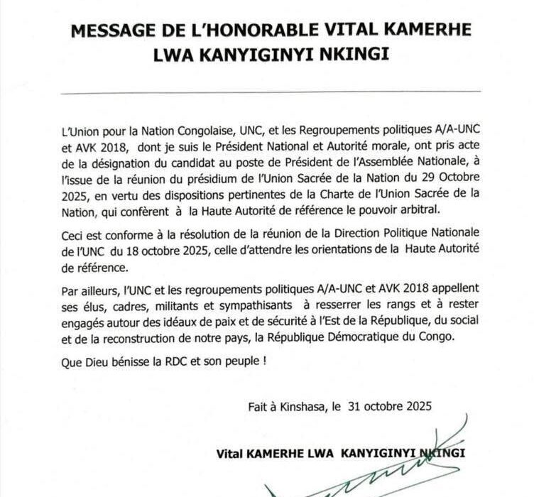 RDC : Vital Kamerhe prend acte de la désignation d’Aimé Boji Sangara par l’Union Sacrée pour présider l’Assemblée nationale 1 RDC : Vital Kamerhe prend acte de la désignation d’Aimé Boji Sangara par l’Union Sacrée pour présider l’Assemblée nationale 1