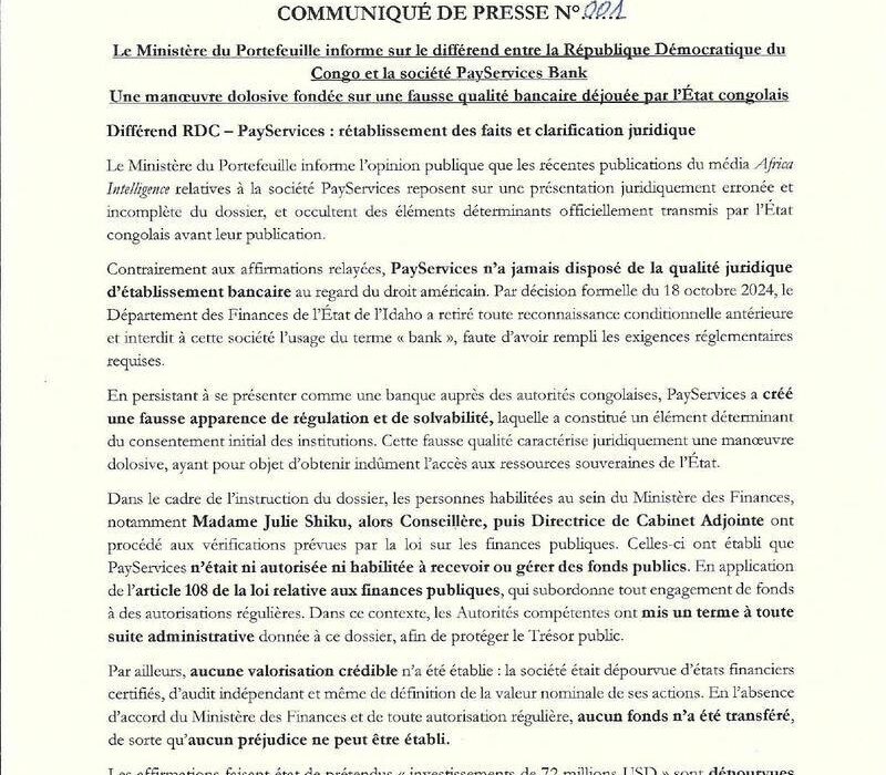 Différend RDC–PayServices : le gouvernement congolais dénonce une « fausse qualité bancaire » 1