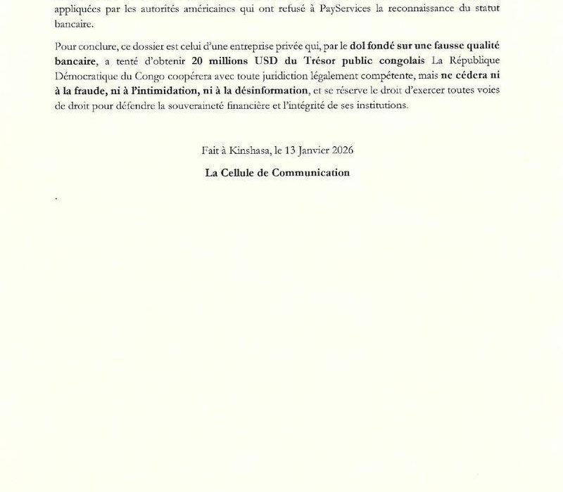 Différend RDC–PayServices : le gouvernement congolais dénonce une « fausse qualité bancaire » 2