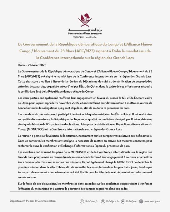 Doha : Kinshasa et l’AFC/M23 signent le mécanisme de suivi du cessez-le-feu 1 Doha : Kinshasa et l’AFC/M23 signent le mécanisme de suivi du cessez-le-feu 1