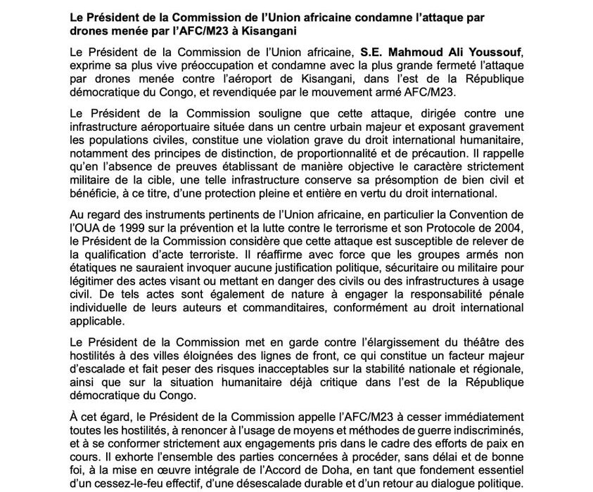 Attaque des Drones sur Kisangani : l’Union africaine hausse le ton face à l’AFC/M23 1