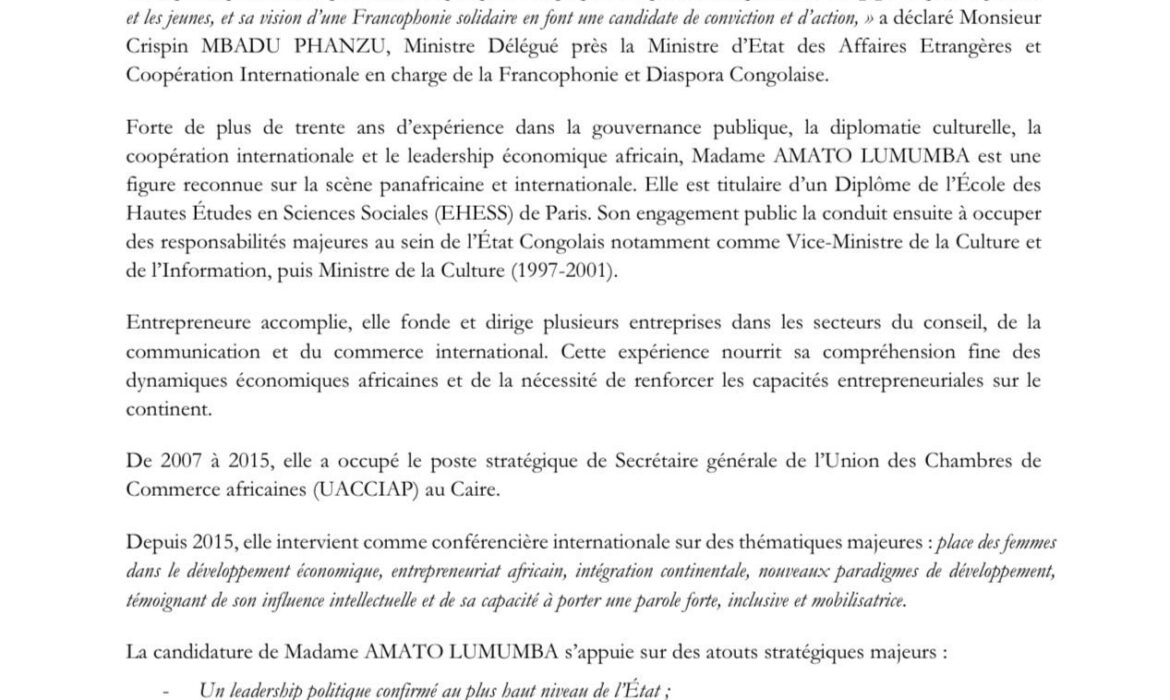 OIF : la RDC mise sur Juliana Amato Lumumba contre la Rwandaise Mushikiwabo 1 OIF : la RDC mise sur Juliana Amato Lumumba contre la Rwandaise Mushikiwabo 1