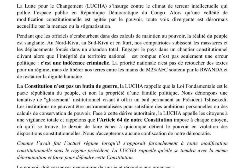 RDC : la LUCHA s’insurge contre toute révision constitutionnelle et dénonce une « indécence criminelle » 1 RDC : la LUCHA s’insurge contre toute révision constitutionnelle et dénonce une « indécence criminelle » 1
