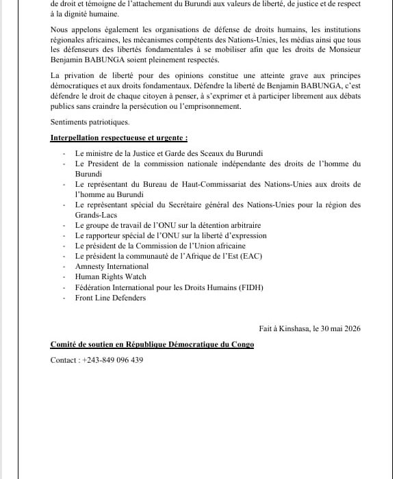Arrestation de Benjamin Babunga au Burundi : des voix se lèvent et appellent à sa libération 2